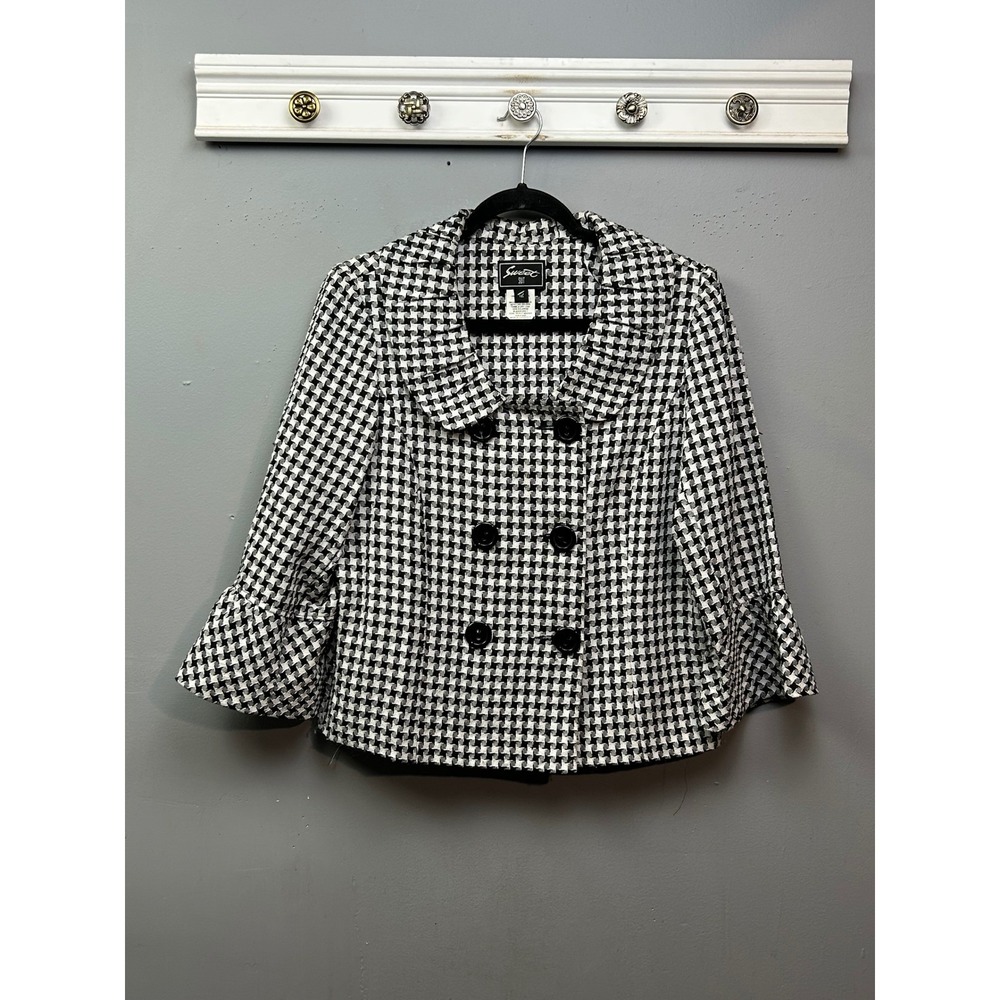 Sweet Suit Blazer Womens 12 Black White Houndstooth Double Breasted Ruffle Cuff